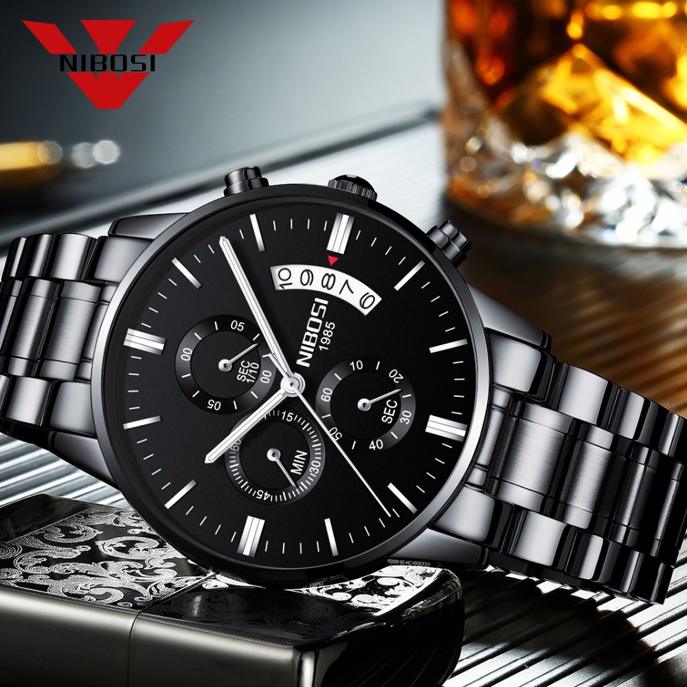Luxury Watch Magazine - NIBOSI Edelstahl Schwarz Quarzuhr Herren Uhren