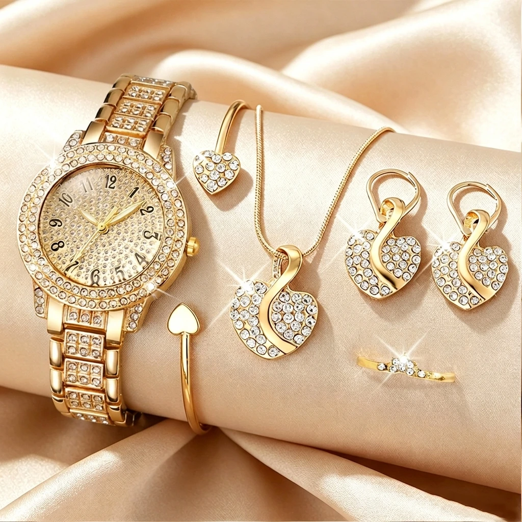Luxury Watch Kit - 6-teiliges Modisches Strass-Uhrenset für Damen Herz-Schmuckset