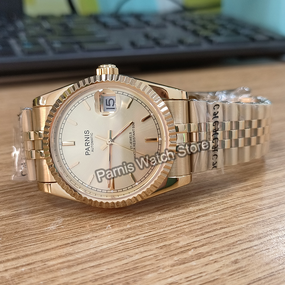 Parnis 36 mm goldfarbene Autom – Rolex Watch Datejust Bewertung und Preis